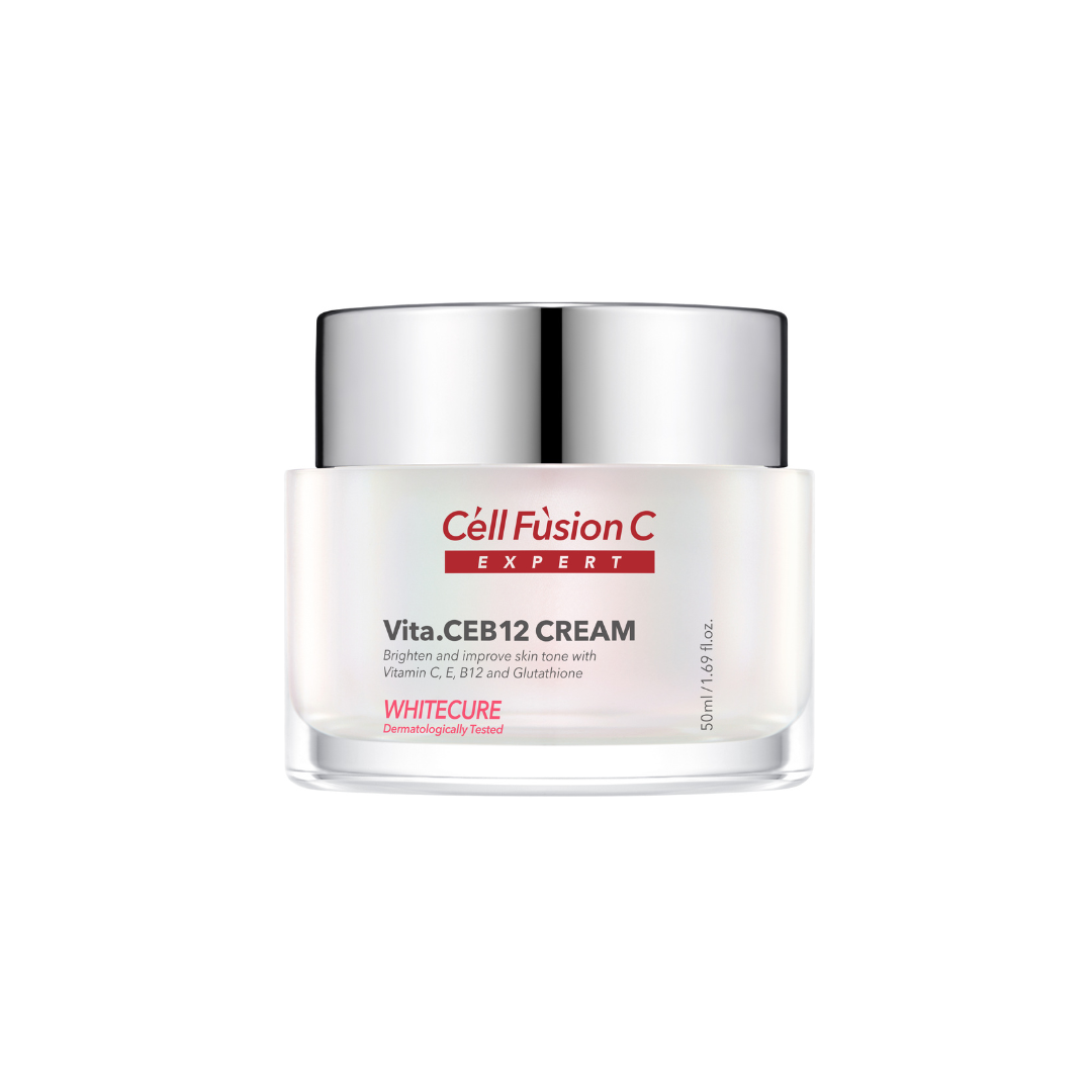Cell Fusion C Expert Vita.CEB12 face moisturizer in a 50ml jar, featuring a smooth, creamy texture for skin hydration and nourishment.