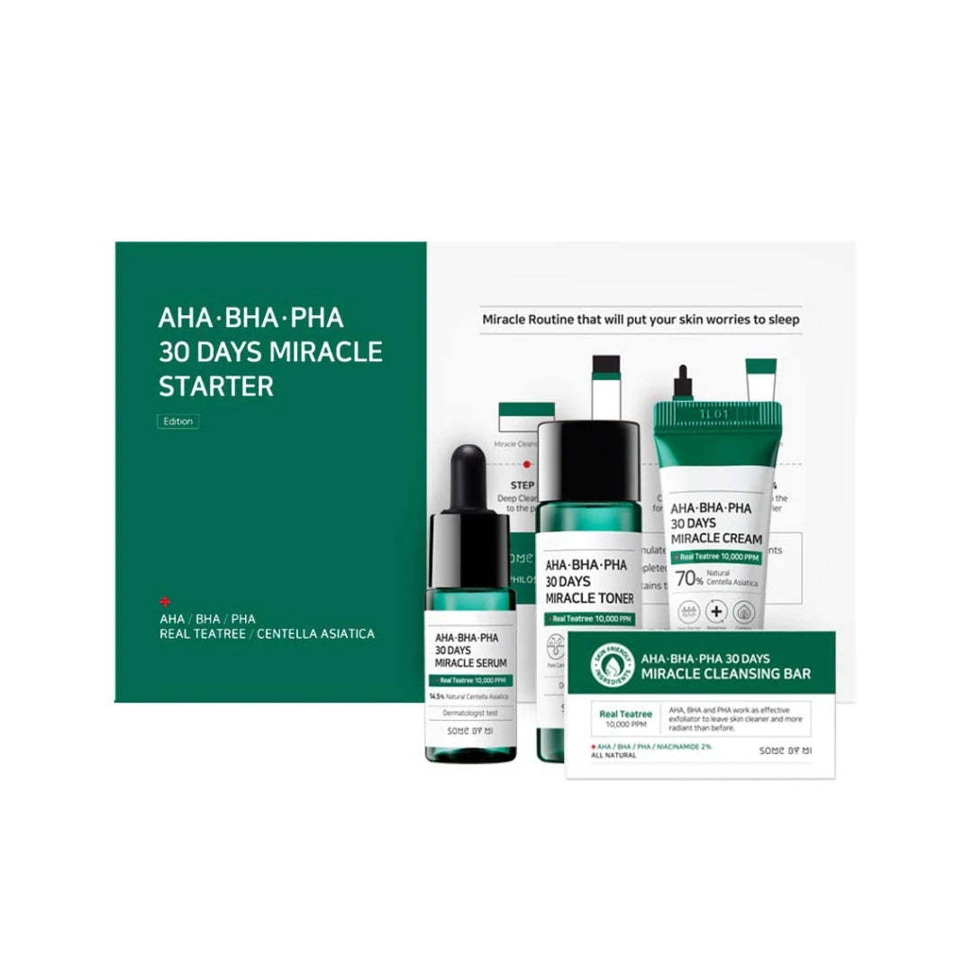 Some By Mi AHA.BHA.PHA 30 Days Miracle Starter Kit skincare set with four sample-sized products for clear, refreshed skin.