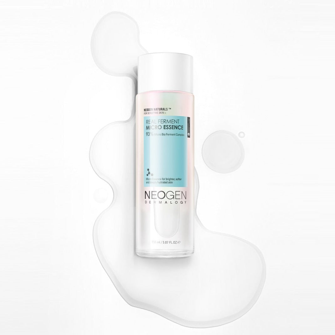 NEOGEN Real Ferment Micro Essence 150ml bottle with clear liquid and elegant packaging, showcasing skincare essence product.