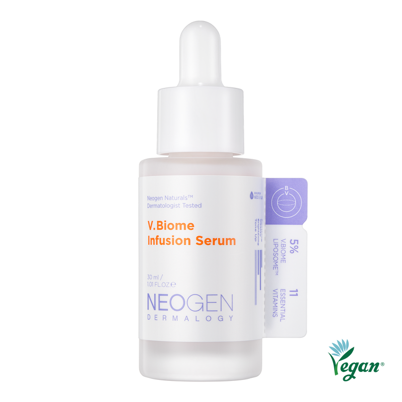 NEOGEN V. Biome Infusion Serum 30ml bottle with sleek packaging and dropper applicator on a white background.
