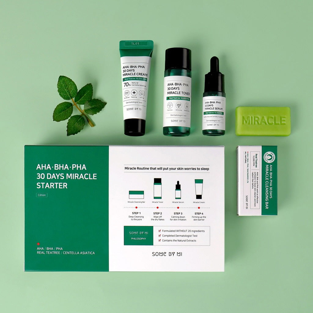Some By Mi AHA BHA PHA 30 Days Miracle Starter Kit 4-piece skincare set with cleanser, toner, serum, and moisturizer.