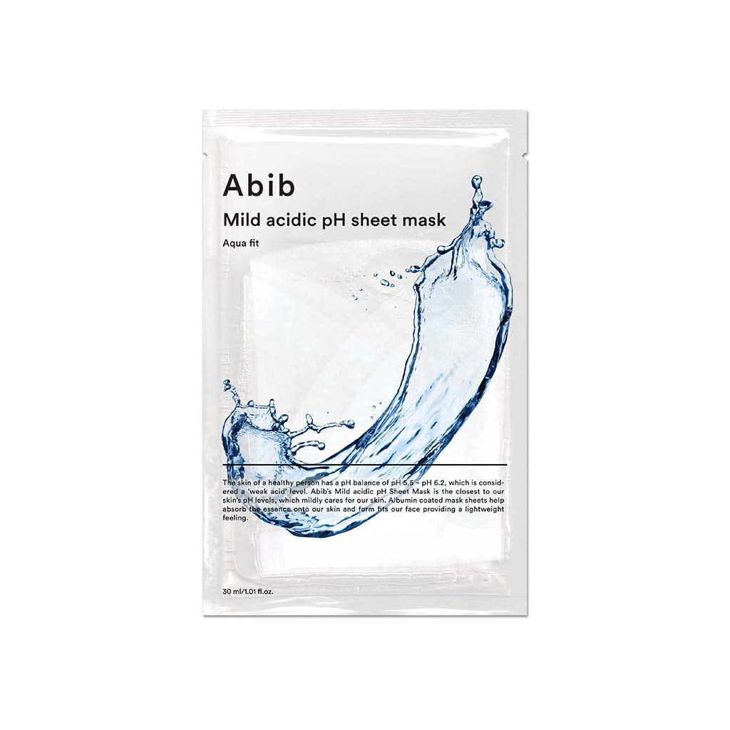 Abib Mild Acidic pH Sheet Mask with aqua essence, shown on skin, designed to balance and hydrate the skin.