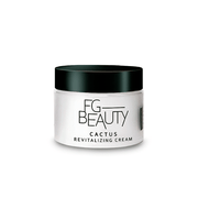 FG Beauty Cactus Revitalizing Cream 50ml, a nourishing face moisturizer with cactus extract, shown in a sleek jar with fresh cactus plant.
