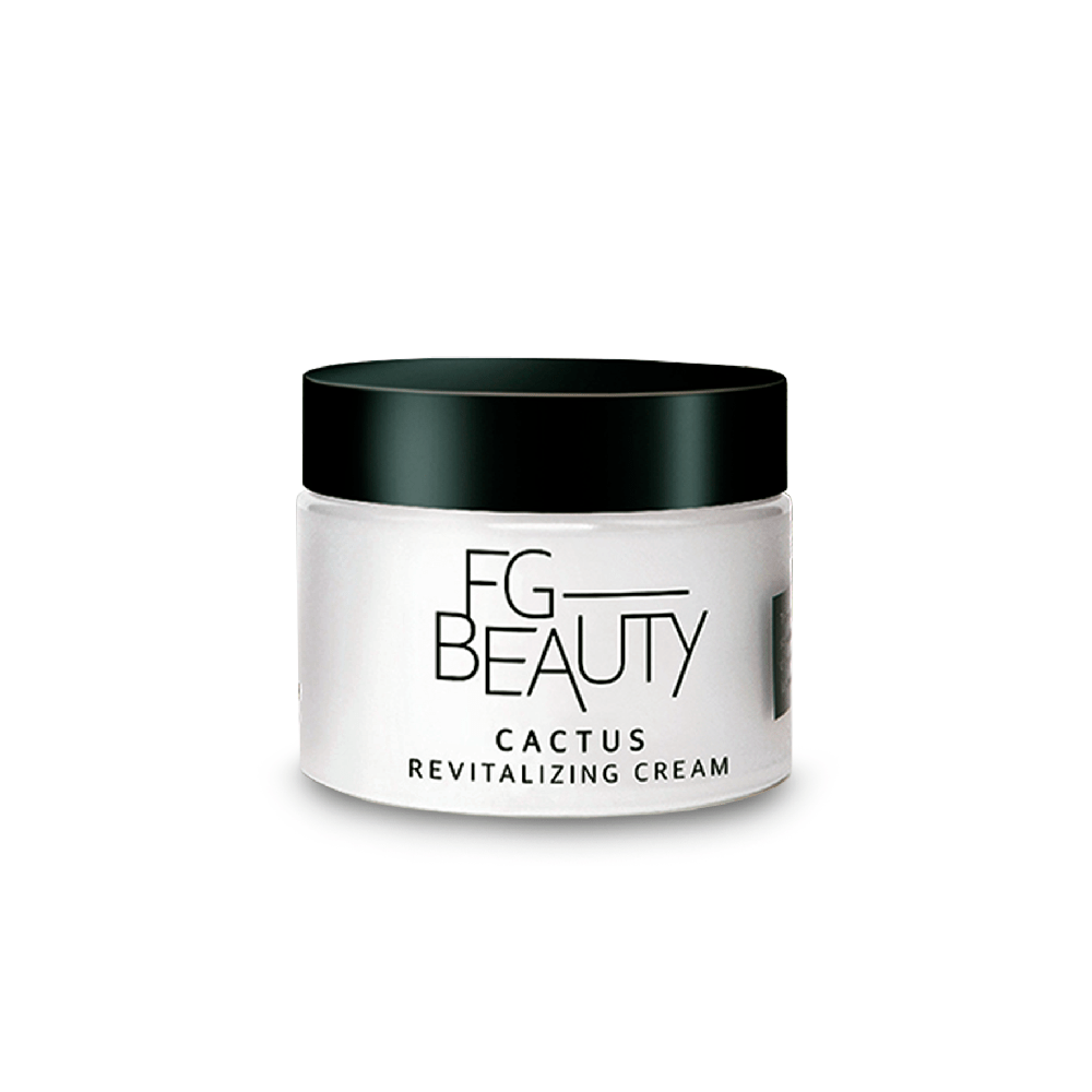FG Beauty Cactus Revitalizing Cream 50ml, a nourishing face moisturizer with cactus extract, shown in a sleek jar with fresh cactus plant.
