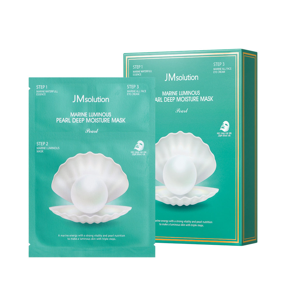 JMsolution Marine Luminous Pearl Deep Moisture Mask sheet, 10pcs box with pearl-infused skincare for radiant, hydrated skin.