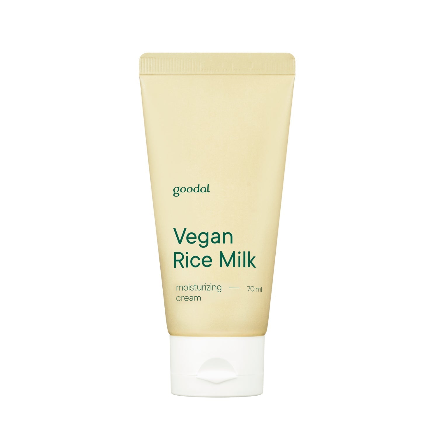 Goodal Vegan Rice Milk Moisturizing Face Cream in a 70ml jar, smooth cream texture for hydrating skin.