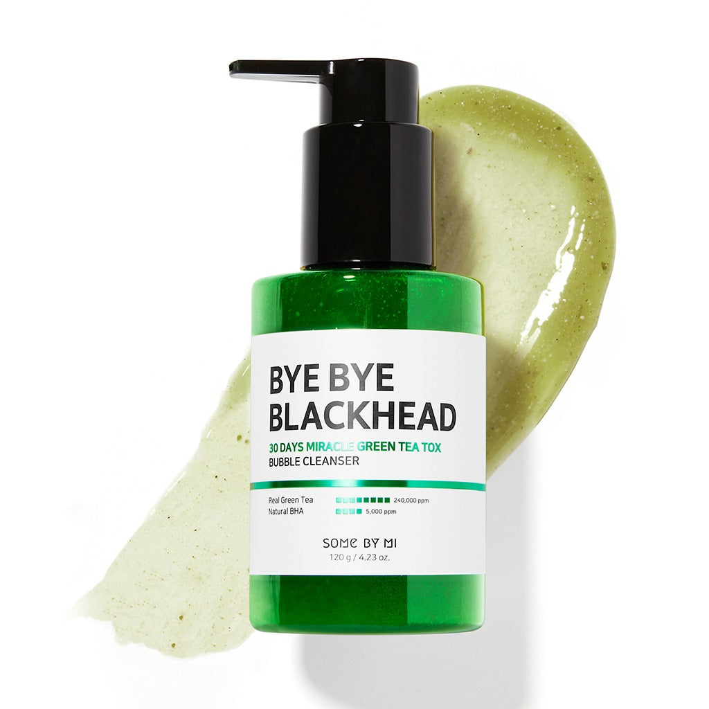 Some By Mi Bye Bye Blackhead Green Tea Tox Bubble Cleanser in 120g, showing the gel and foam cleanser with green tea ingredients.