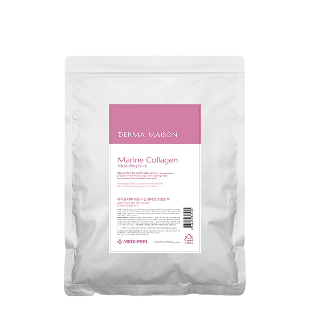 Derma Maison Modeling Mask Pack, 1kg, showing a close-up of the gray modeling mask in a container for skincare treatment.