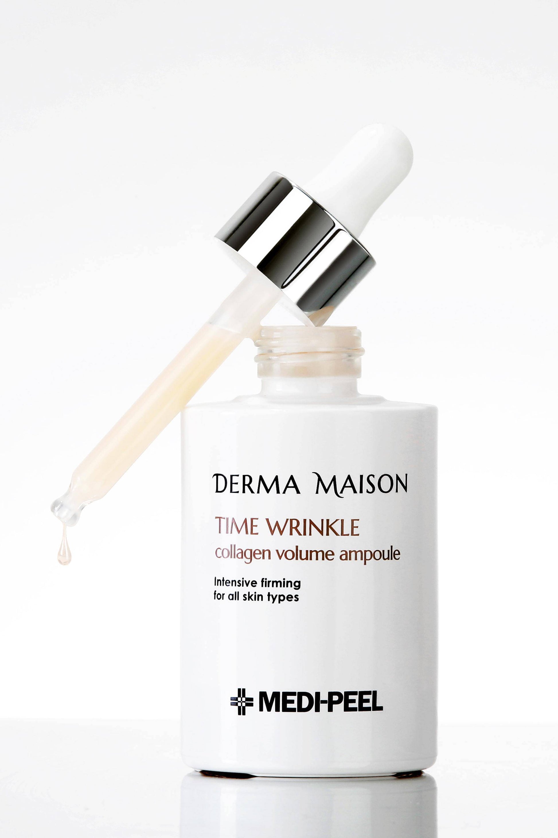 Derma Maison Time Wrinkle Collagen Volume Ampoule 100ml, clear glass bottle with dropper and product label.