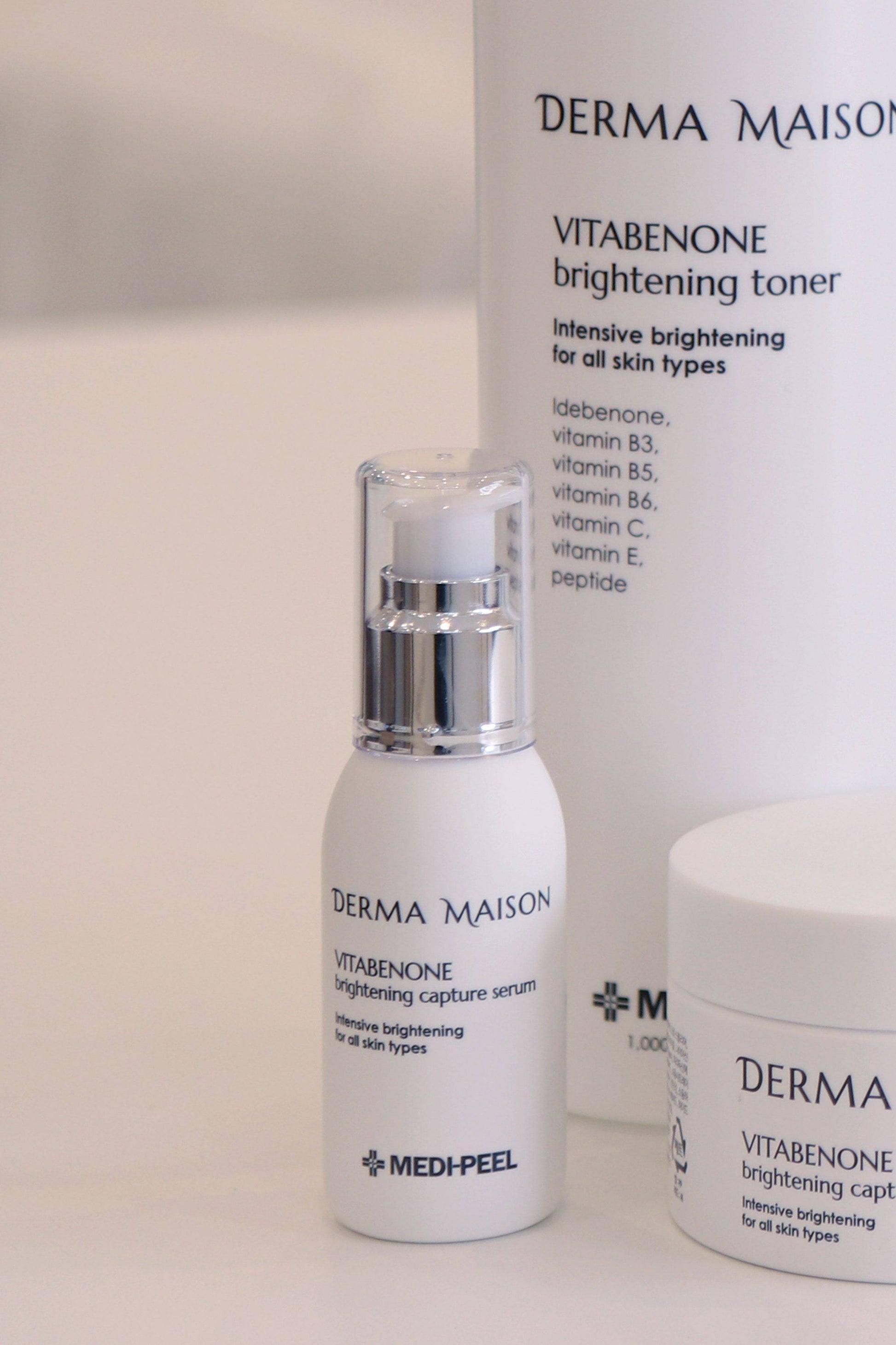 Derma Maison Vitabenone Brightening Capture Serum in a sleek glass bottle, designed to enhance skin radiance and even tone.