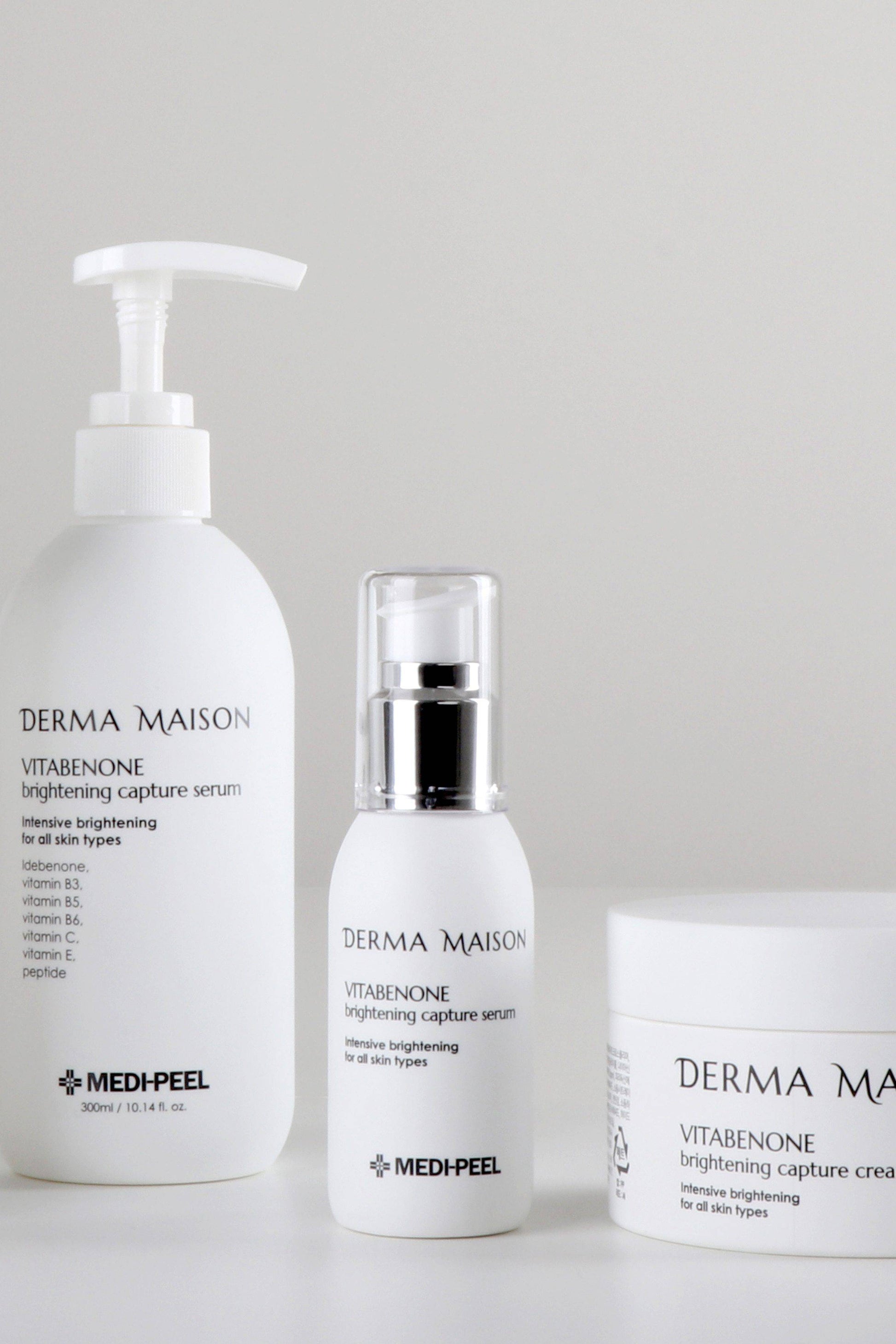 Derma Maison Vitabenone Brightening Capture Serum in a glass bottle with a dropper applicator, designed to enhance skin radiance.
