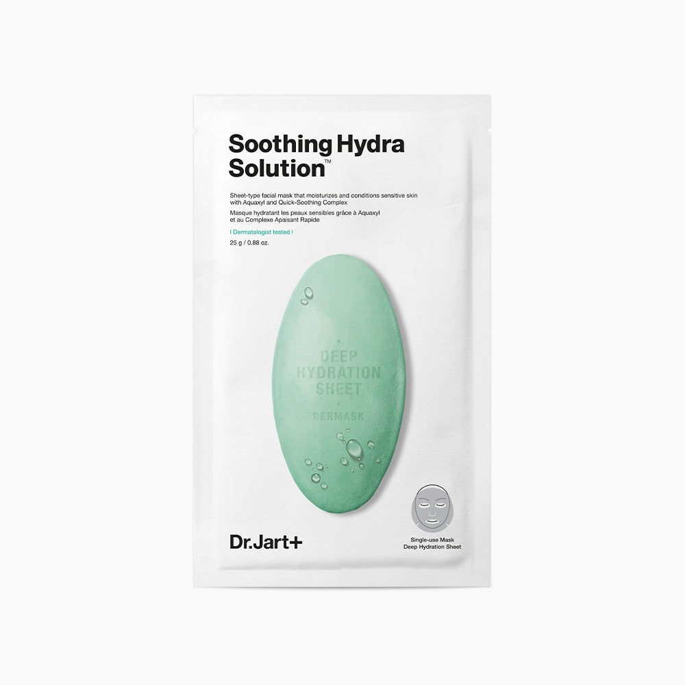 Dr. Jart+ Dermask Micro Jet Soothing Hydra Solution Sheet Mask on a white background showing the mask's packaging.