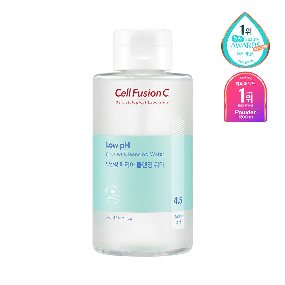 Cell Fusion C Low pH pHarrier Cleansing Water 500ml oil-free micellar water, clear liquid with gentle cleansing properties.