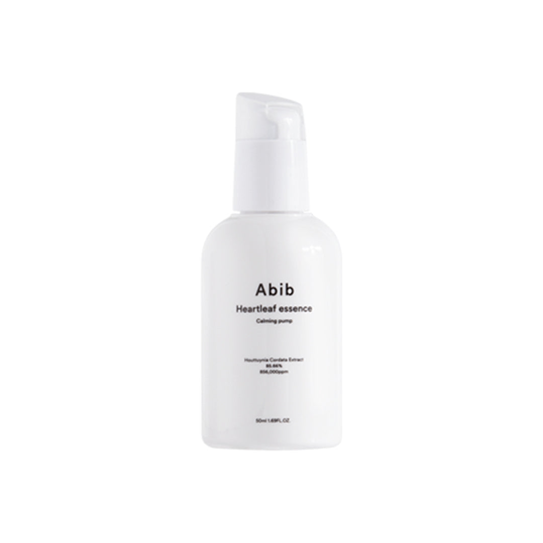 Abib Heartleaf Essence Calming Essence bottle in a 50ml pump, showcasing the soothing skincare product with a sleek design.