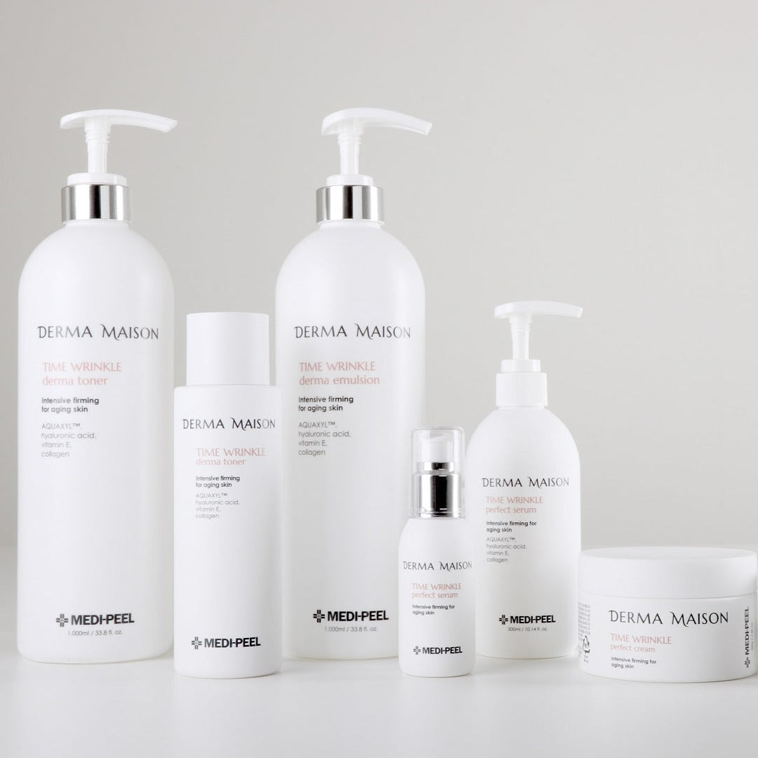 Derma Maison Time Wrinkle Derma Emulsion face moisturizer in a 1000ml bottle, smooth and hydrating skin care product.