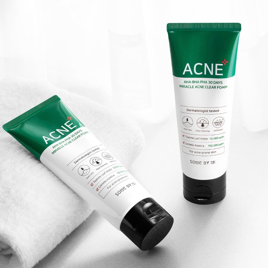 Some By Mi AHA BHA PHA 30 Days Miracle Acne Clear Foam 100ml gel cleanser with foamy texture and clear packaging.