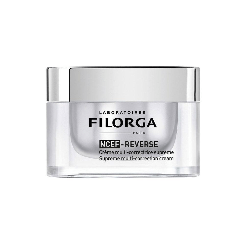 Filorga NCEF-Reverse Supreme Multi-Correction Face Moisturiser in 50ml jar, showing the cream's smooth texture and elegant packaging.