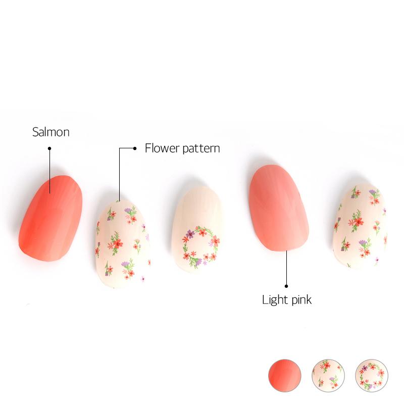 Glossy Blossom floral blusher gel nail strips with pink and floral design on neatly manicured nails.