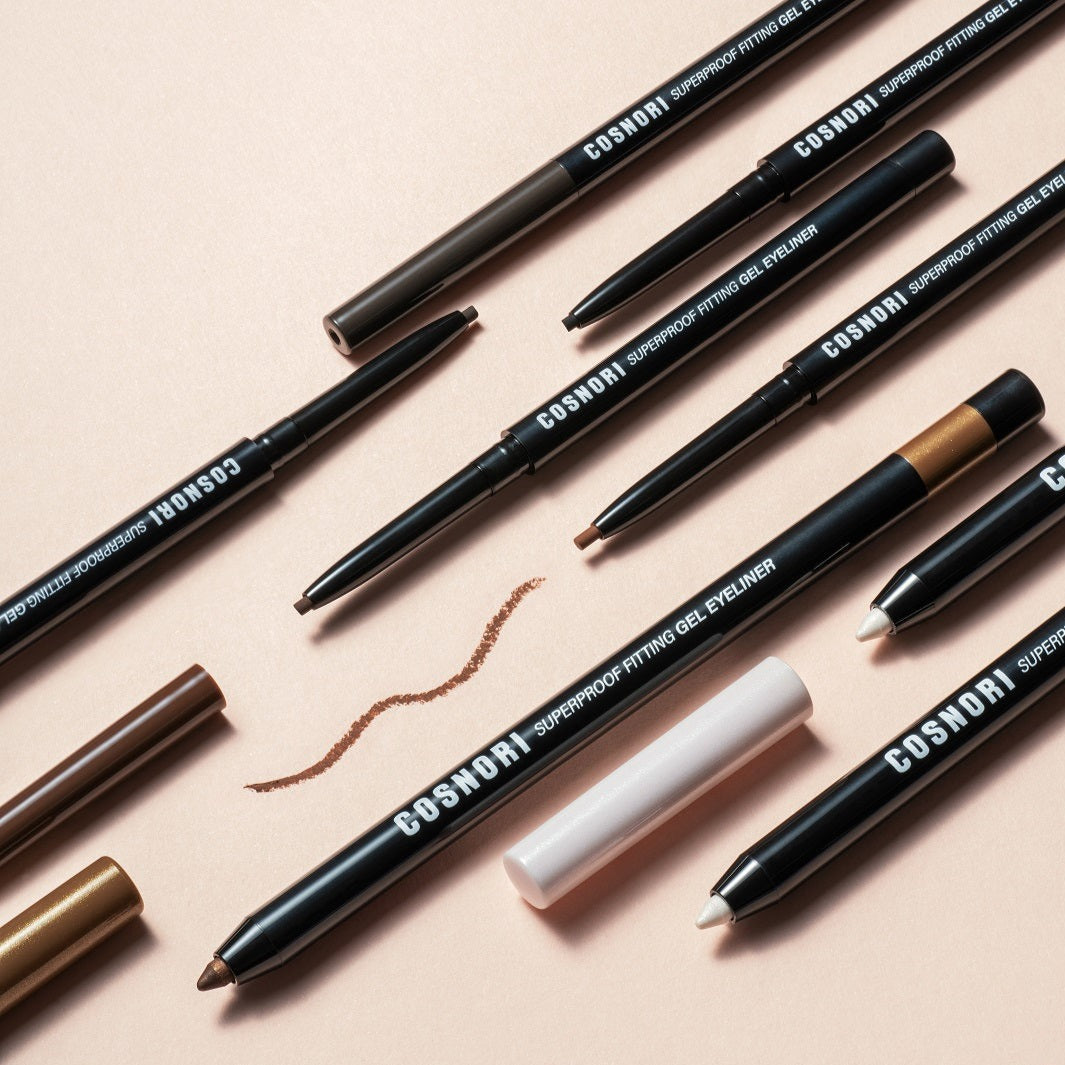 COSNORI Superproof Fitting Gel Eyeliner in 6 vibrant colors, showing smooth gel texture and precise applicator for eye definition.