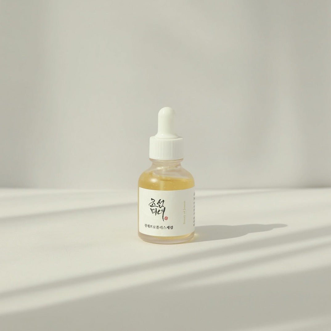 Beauty of Joseon Glow Serum with Propolis and Niacinamide showcasing a clear, elegant serum in a dropper bottle.