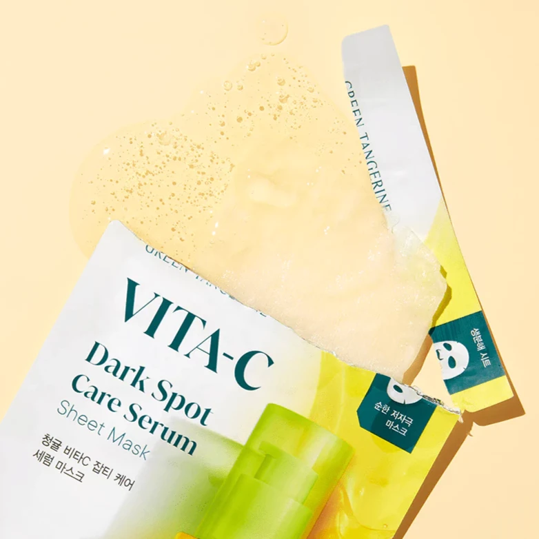 Goodal Green Tangerine Vita-C Dark Spot Care Serum Sheet Mask box with five masks, showcasing the sheet mask texture and packaging.