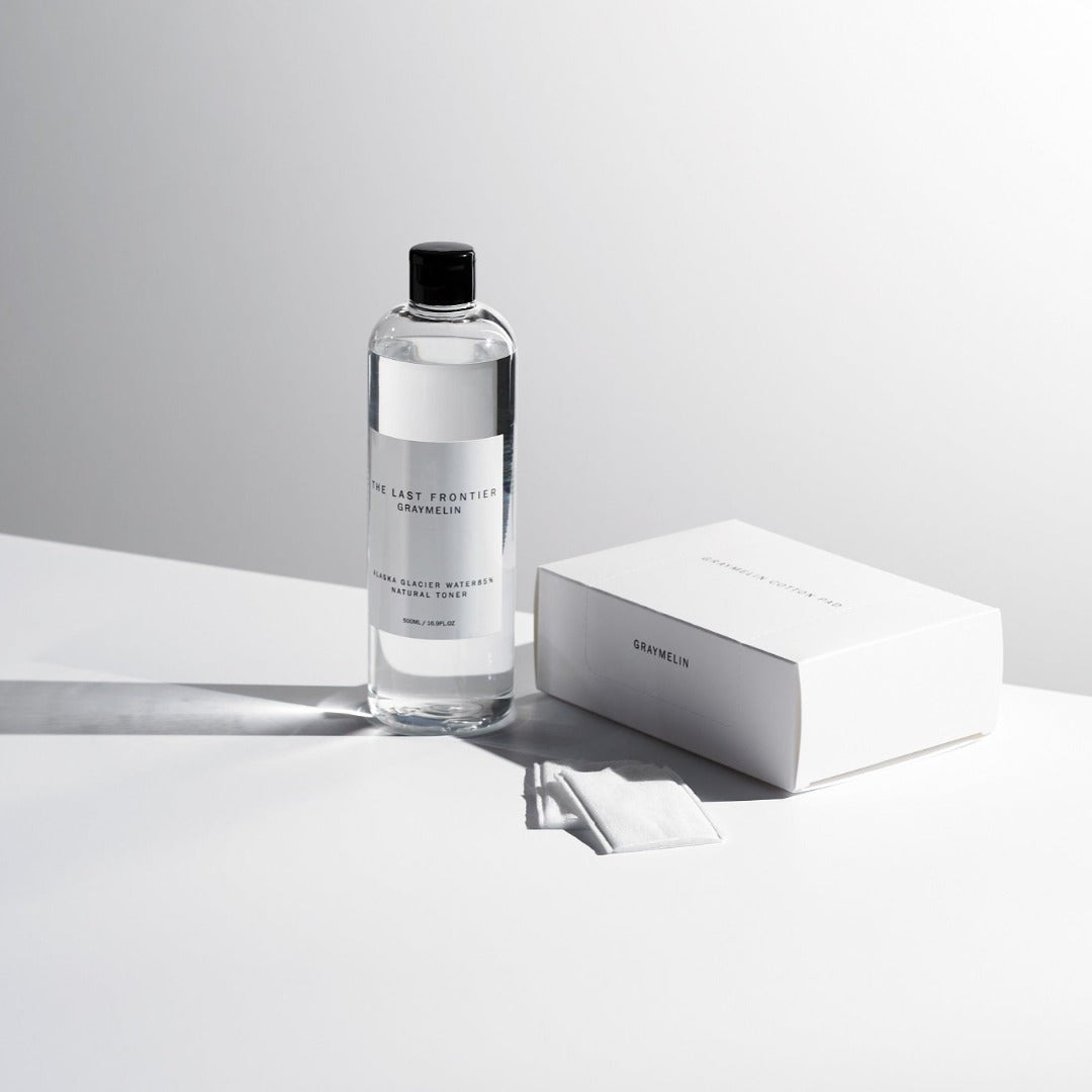 Graymelin Alaska Glacier Water toner bottle showing clear 500ml container with label and cap, emphasizing natural skincare product.