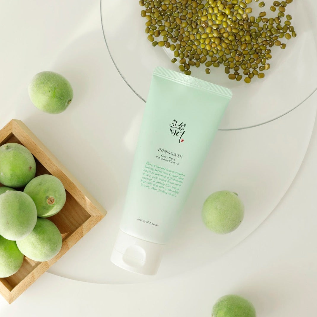Beauty of Joseon Green Plum Refreshing Gel & Foam Cleanser in a clear bottle with green plum extract and foaming texture.