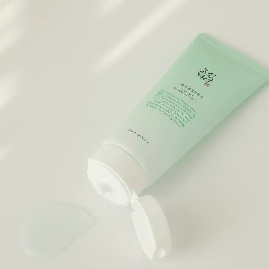 Beauty of Joseon Green Plum Refreshing Gel & Foam Cleanser in a sleek tube, ready for gentle skincare cleansing.