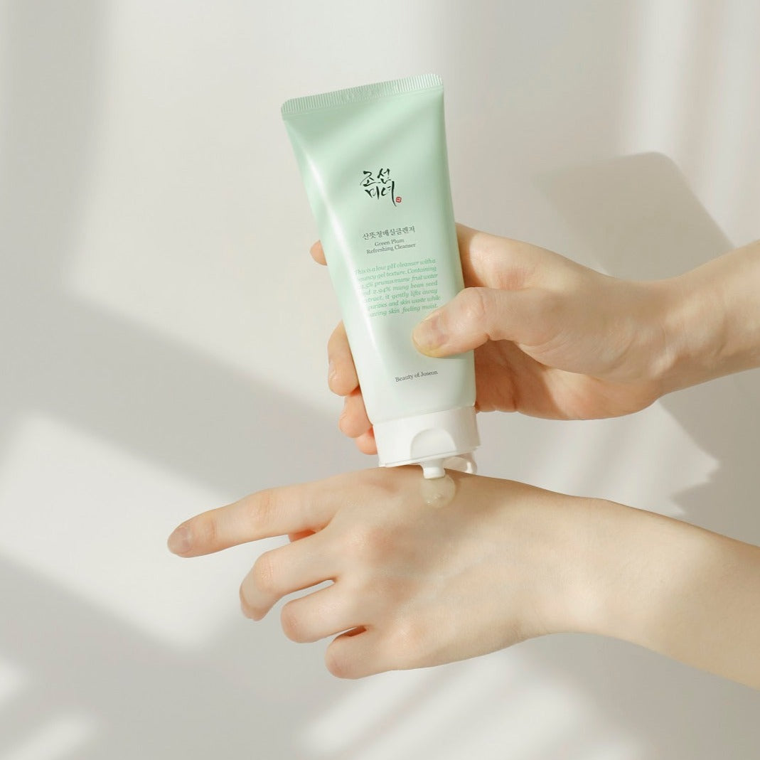 Green Plum Refreshing Cleanser gel and foam cleanser by Beauty of Joseon, showing the product bottle with vibrant green accents.