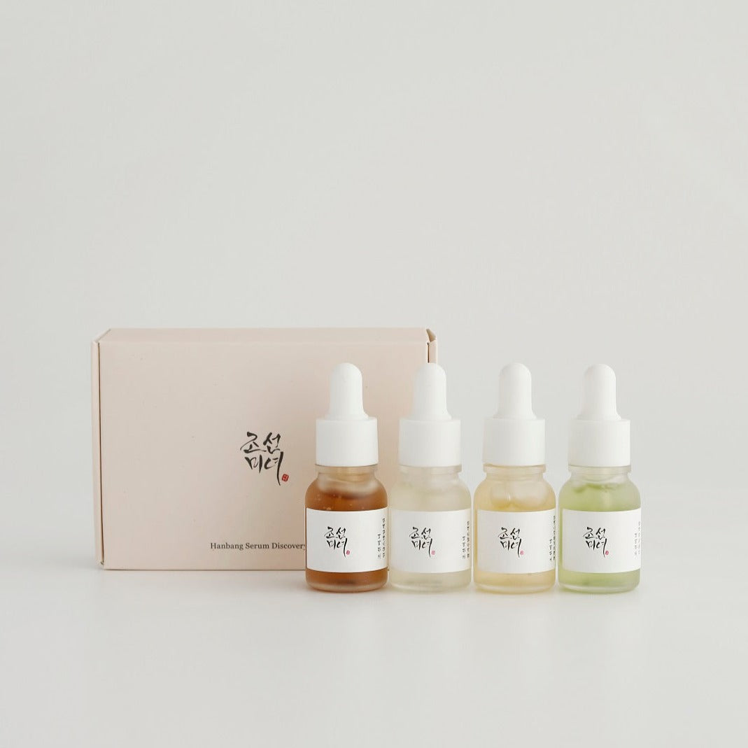 Beauty of Joseon Hanbang Serum Discovery Kit with four 10ml skincare serum bottles in a sleek set.