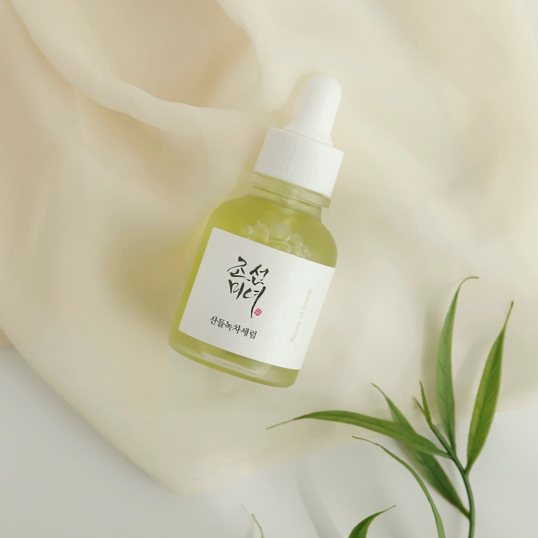Beauty of Joseon calming serum with green tea and panthenol in a 30ml bottle, showcasing the serum's smooth, lightweight texture.