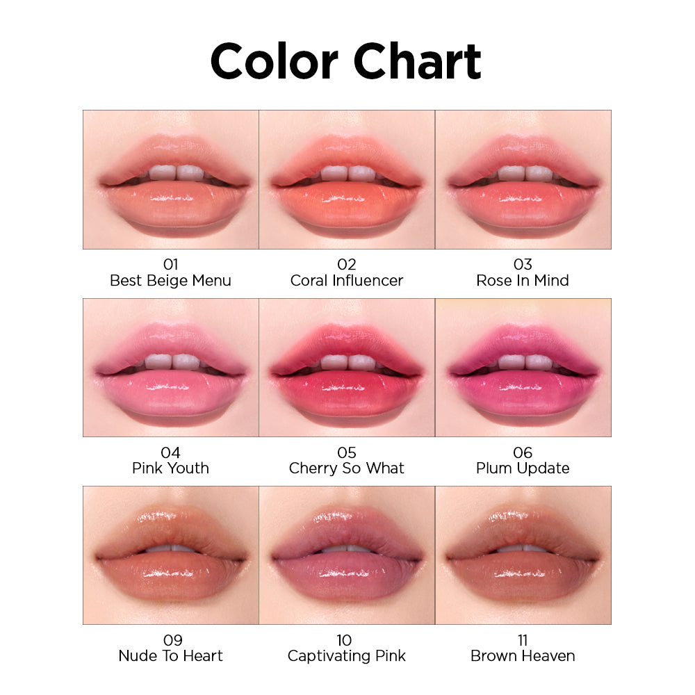 Peripera Ink Mood Glowy Tint lip tint in a vibrant pink shade, showing smooth, glossy lips with a luminous finish.
