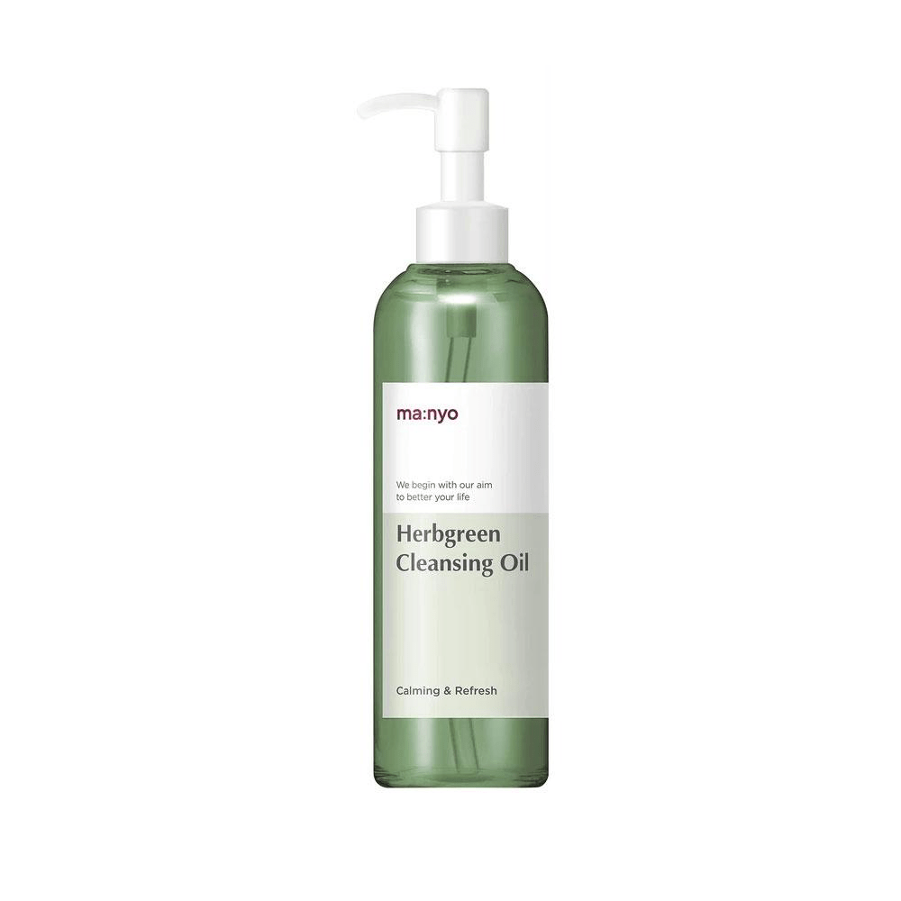 Ma:nyo Herbgreen Cleansing Oil 200ml in a clear bottle, featuring botanical ingredients for gentle makeup removal and skin cleansing.
