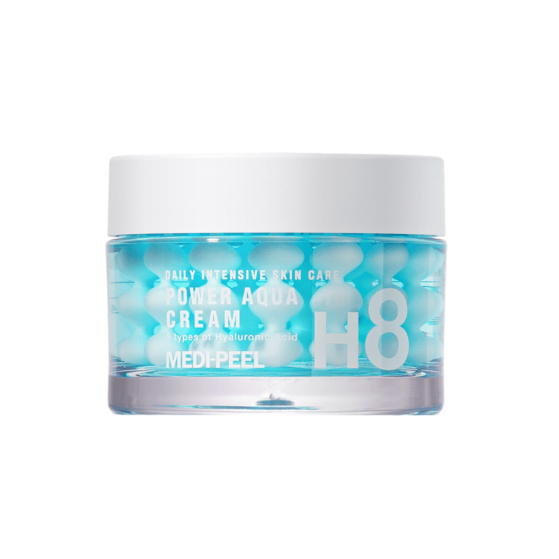 MEDIPEEL+ Power Aqua Cream 50g face moisturizer in a white jar, designed for hydrating and nourishing the skin.