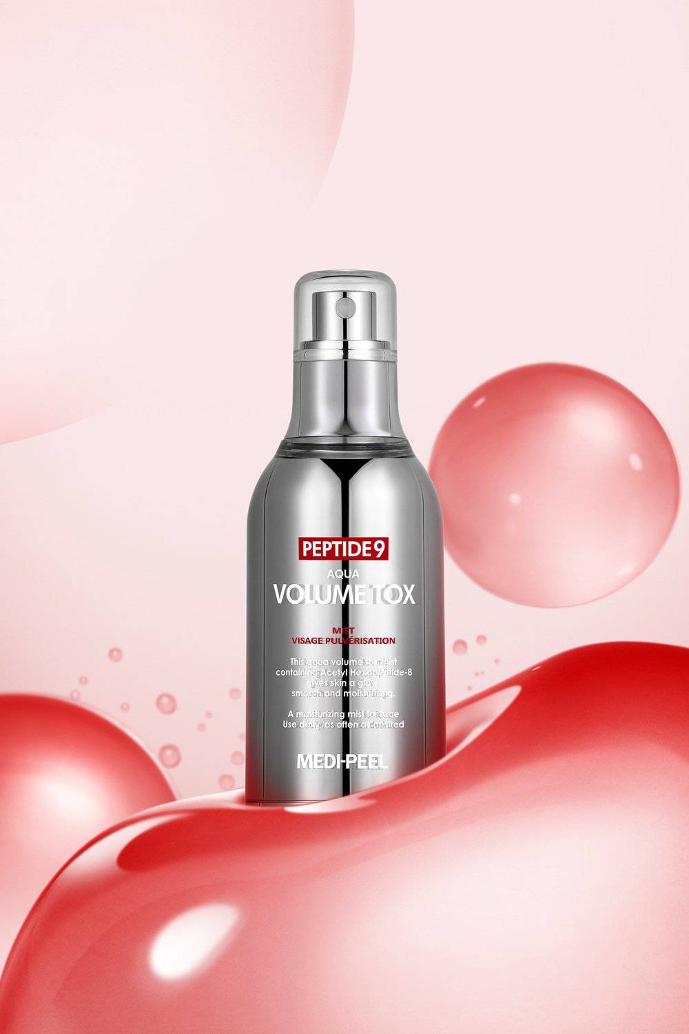 MEDIPEEL+ Pepetide9 Aqua Volume Tox Face Mist in 50ml bottle, hydrating skincare with peptide and aqua infusion.