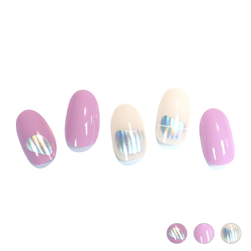 Glossy Blossom metallic purple gel nail strips on natural nails, showcasing a shiny, vibrant purple finish.