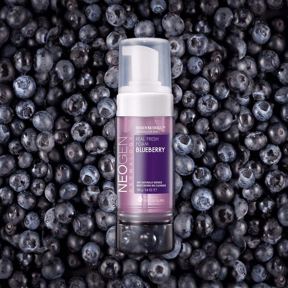 NEOGEN Real Fresh Foam Cleanser with Blueberry in 160g, a gel and foam cleanser with fresh blueberry extract for gentle cleansing.
