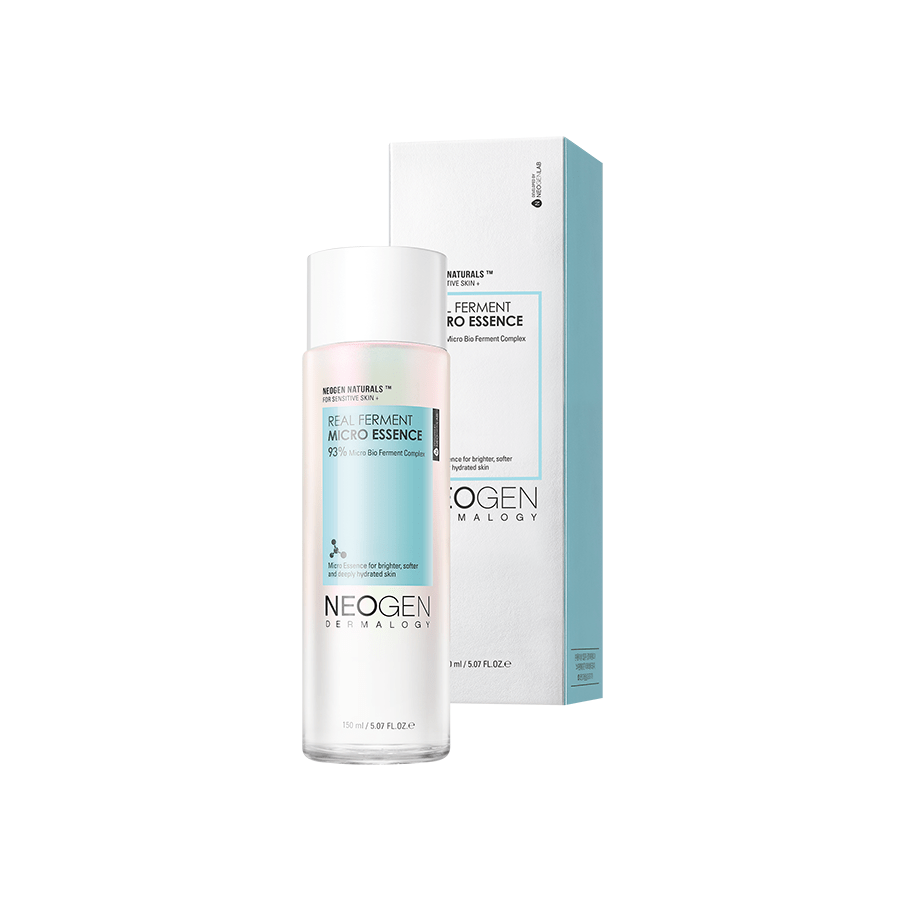 NEOGEN Real Ferment Micro Essence 150ml bottle with measuring cup, part of skincare moisturizing set, in clear packaging.
