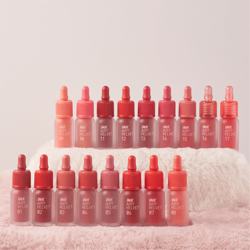 Peripera Ink Airy Velvet Lip Tint in shade 01, featuring smooth, velvety texture and vibrant color on lips.