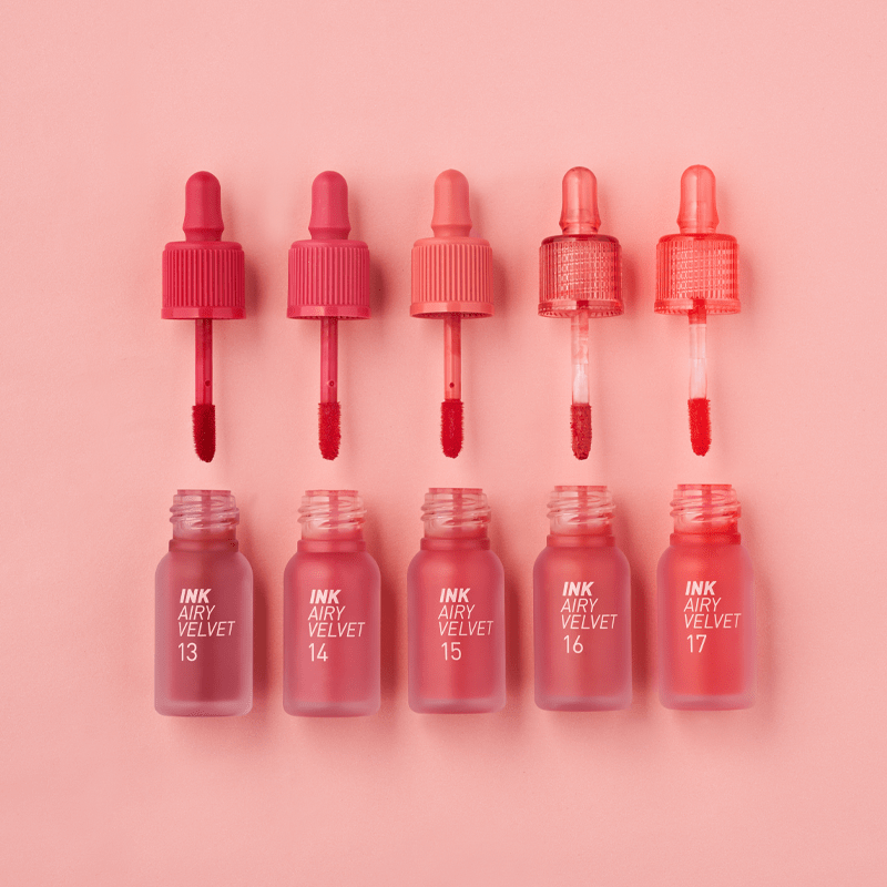Peripera Ink Airy Velvet lip tint in shade 01 with a smooth, velvety finish and glossy appearance, showcased on lips.