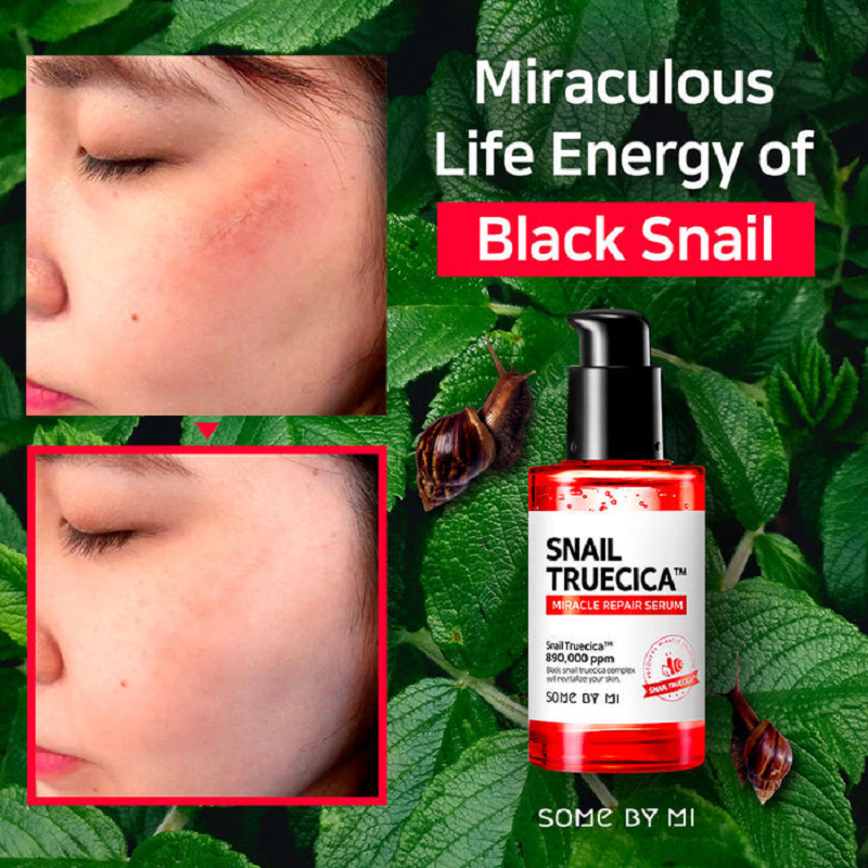Some By Mi Snail Truecica Miracle Repair Serum 50ml bottle with dropper, smooth serum texture, and clean packaging.