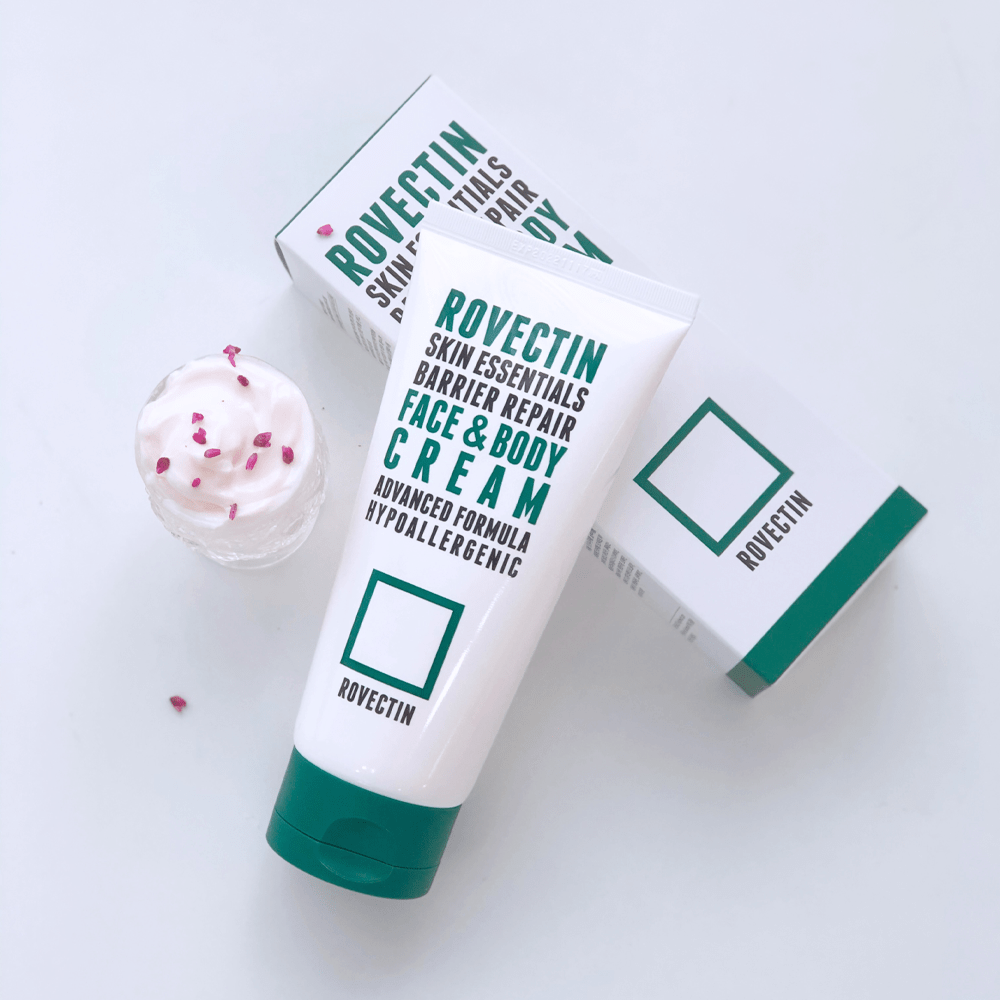 Rovectin Skin Essentials Barrier Repair Face and Body Moisturizer in a 175ml jar, smooth cream for skin hydration and repair.