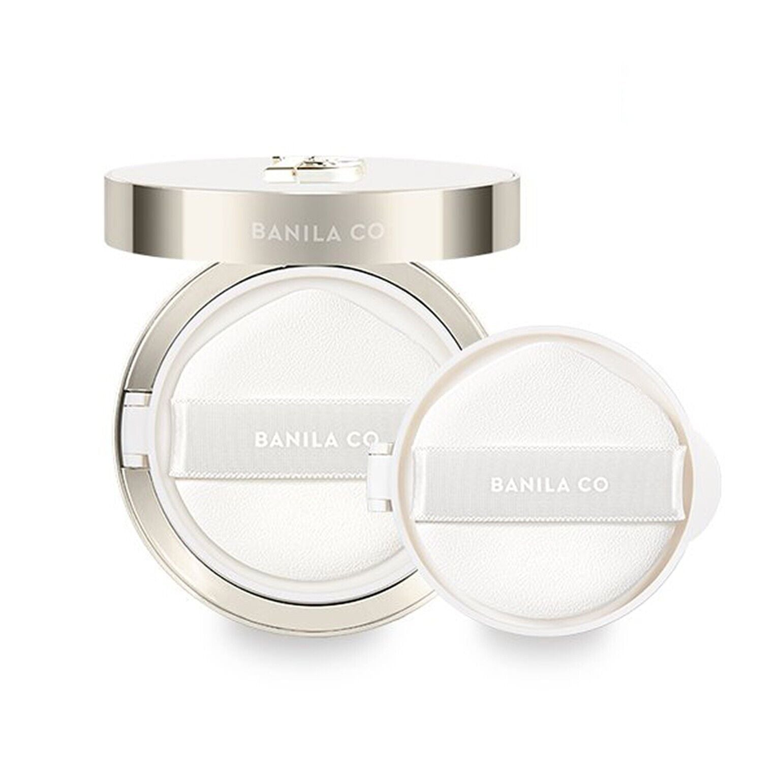 Banila Co Covericious Ultimate White Cushion foundation compact open with cushion sponge visible in a sleek packaging.