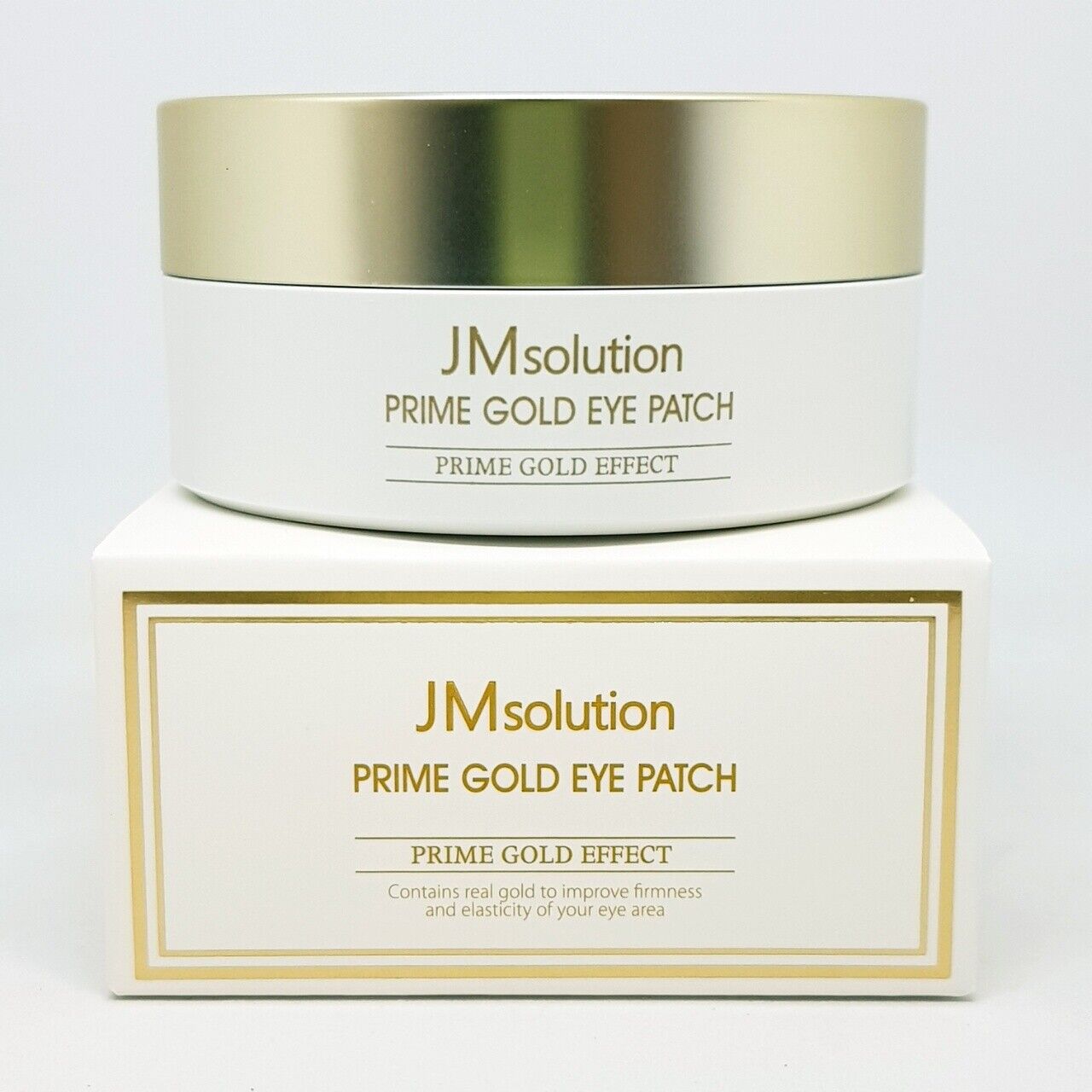 JMsolution Prime Gold Eye Patch pack showing 60 gold eye patches arranged in a box for reducing puffiness and dark circles.