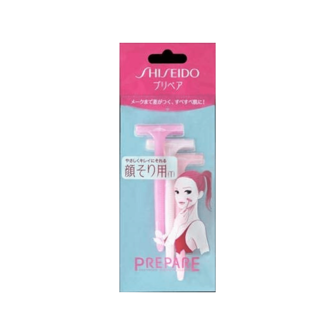 Set of three Shiseido Prepare Facial Hair Shaving Razors, T-shaped beauty tools for precise facial hair removal.