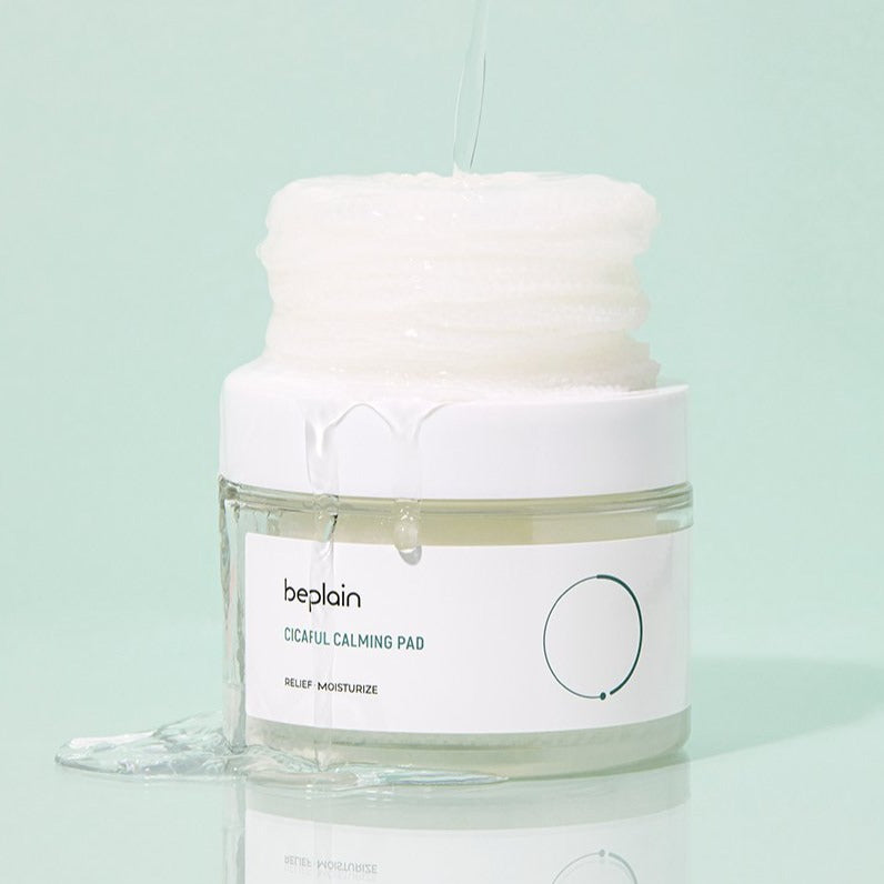 Beplain Cicaful Calming Toner Pad with 60 pads, featuring soothing ingredients for gentle skin calming and hydration.