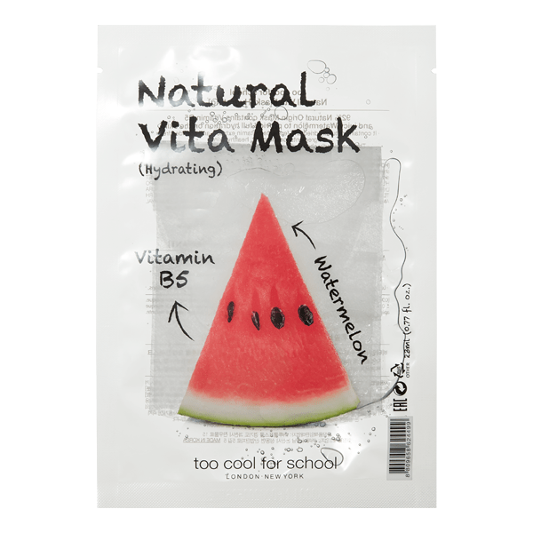 Too Cool For School Natural Vita Sheet Mask for hydrating skin, shown in packaging with the mask inside.
