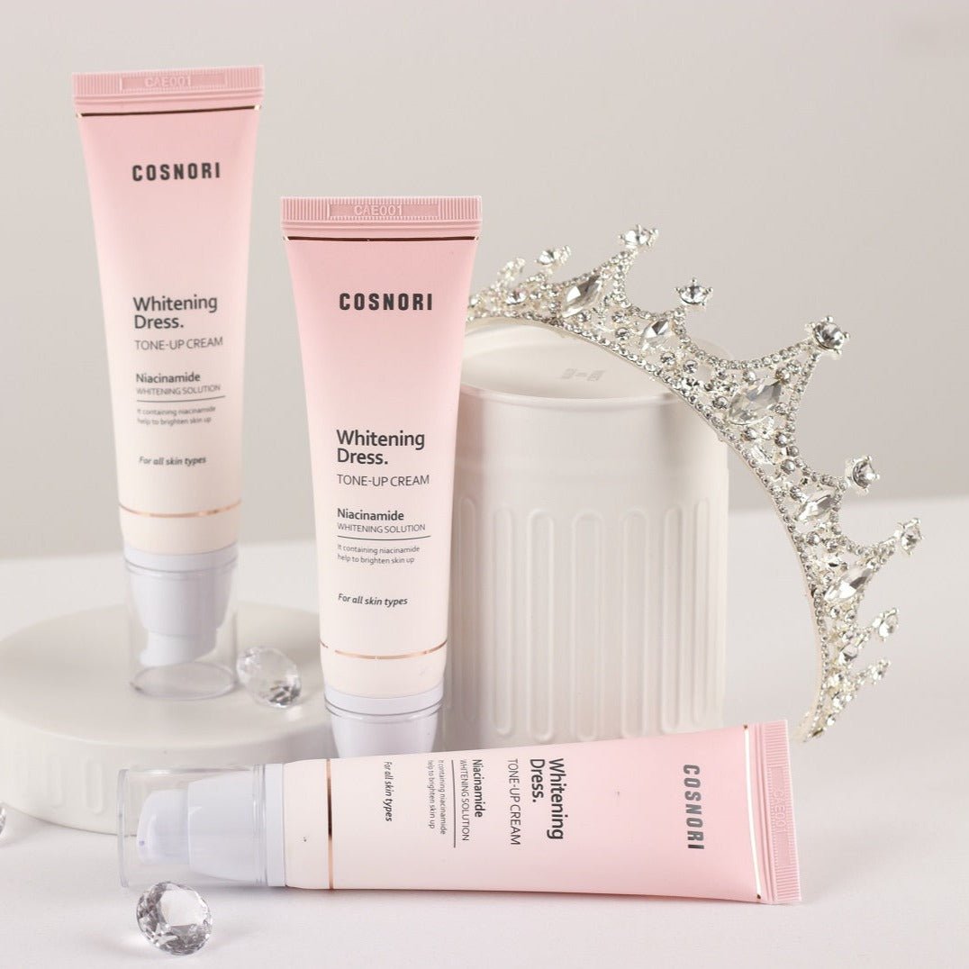 COSNORI Whitening Dress Tone-Up Cream 50ml tube packaging with brightening skincare formula layered texture