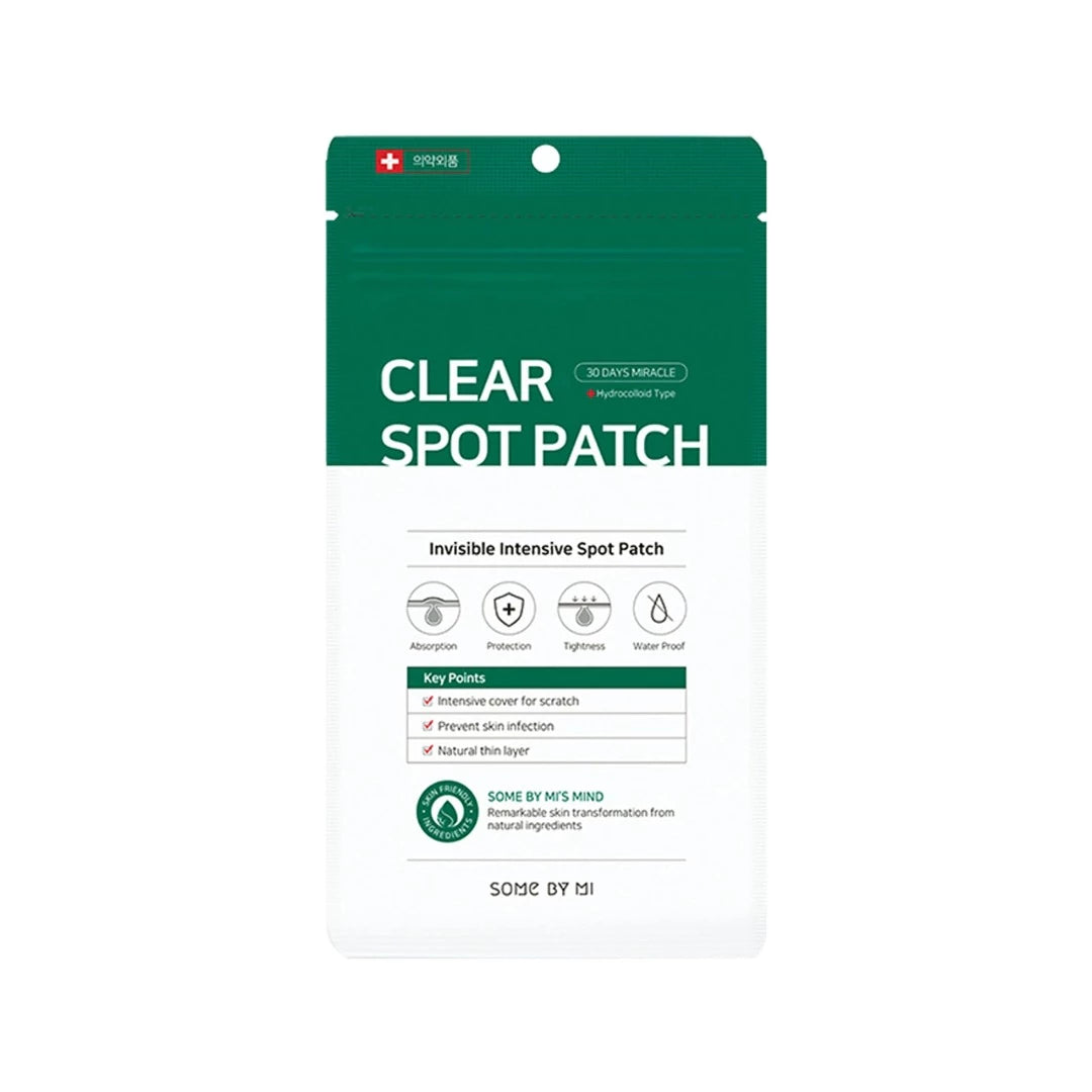 Some By Mi 30 Days Miracle Clear Spot Patch pack with 18 transparent patches for acne spot treatment.